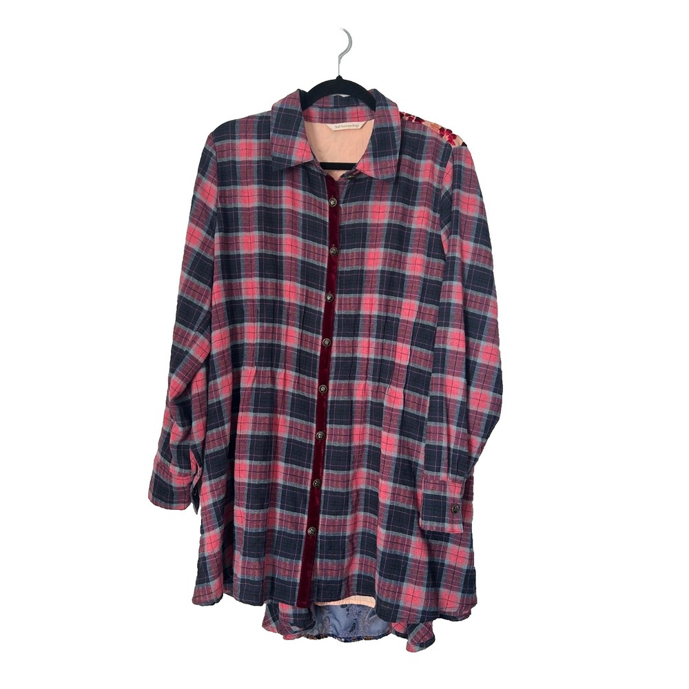 Soft Surroundings Kensington Tunic XL Pink Plaid Flannel Floral Velvet Burnout‎